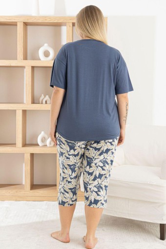 PİJAMONİ - Pijamoni Kadın Kapri Takımı Kısa Kollu Bisiklet Yaka Yaprak Desenli Ring Viskon - Gri (1)