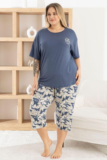 PİJAMONİ - Pijamoni Kadın Kapri Takımı Kısa Kollu Bisiklet Yaka Yaprak Desenli Ring Viskon - Gri