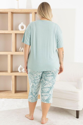 PİJAMONİ - Pijamoni Kadın Kapri Takımı Kısa Kollu Bisiklet Yaka Yaprak Desenli Ring Viskon - Mint Yeşili (1)
