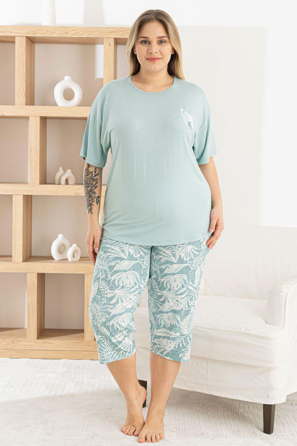 Pijamoni Kadın Kapri Takımı Kısa Kollu Bisiklet Yaka Yaprak Desenli Ring Viskon - Mint Yeşili - Thumbnail