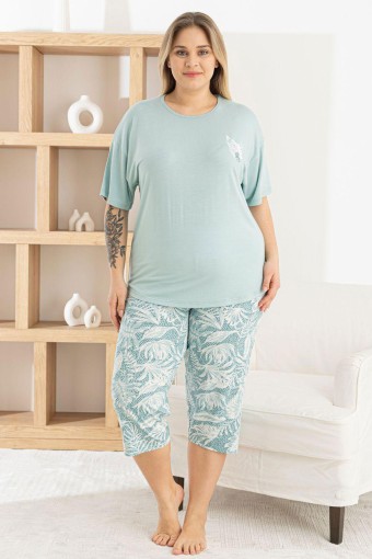 PİJAMONİ - Pijamoni Kadın Kapri Takımı Kısa Kollu Bisiklet Yaka Yaprak Desenli Ring Viskon - Mint Yeşili