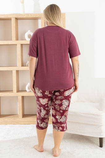 PİJAMONİ - Pijamoni Kadın Kapri Takımı Kısa Kollu Bisiklet Yaka Yaprak Desenli Ring Viskon - Mürdüm (1)