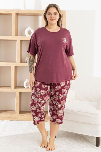 PİJAMONİ - Pijamoni Kadın Kapri Takımı Kısa Kollu Bisiklet Yaka Yaprak Desenli Ring Viskon - Mürdüm