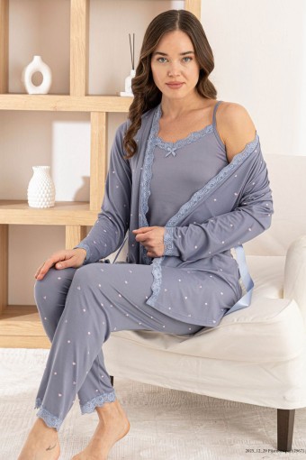 PİJAMONİ - Pijamoni Kadın Pijama Sabahlık Takım İp Askılı Milan Yakası Kolları Paçası Dantelli Desenli - Gri