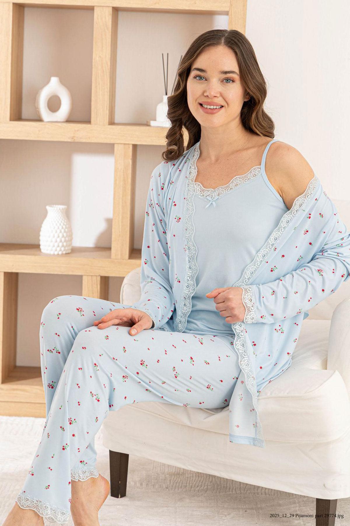 Pijamoni Kadın Pijama Sabahlık Takım İp Askılı Milan Yakası Kolları Paçası Dantelli Desenli - Mavi - Thumbnail