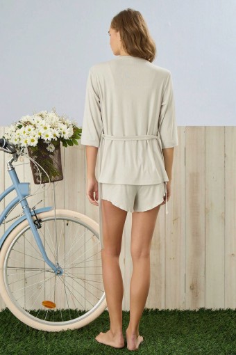 PİJAMONİ - Pijamoni Kadın Pijama Sabahlık Takımı Büstiyerli Şortlu Dublin Kumaş - Gri (1)