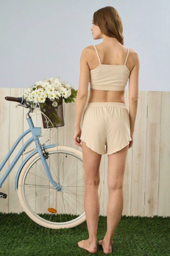 PİJAMONİ - Pijamoni Kadın Pijama Sabahlık Takımı Büstiyerli Şortlu Dublin Kumaş - Krem (1)