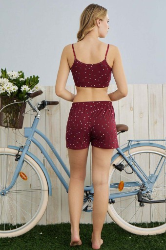 PİJAMONİ - Pijamoni Kadın Pijama Sabahlık Takımı Büstiyerli Şortlu Milan Kumaş - Bordo