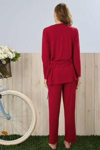 PİJAMONİ - Pijamoni Kadın Pijama Sabahlık Takımı Düz Dublin Kumaş Sıfır Kollu Viskon Kumaş - Bordo (1)