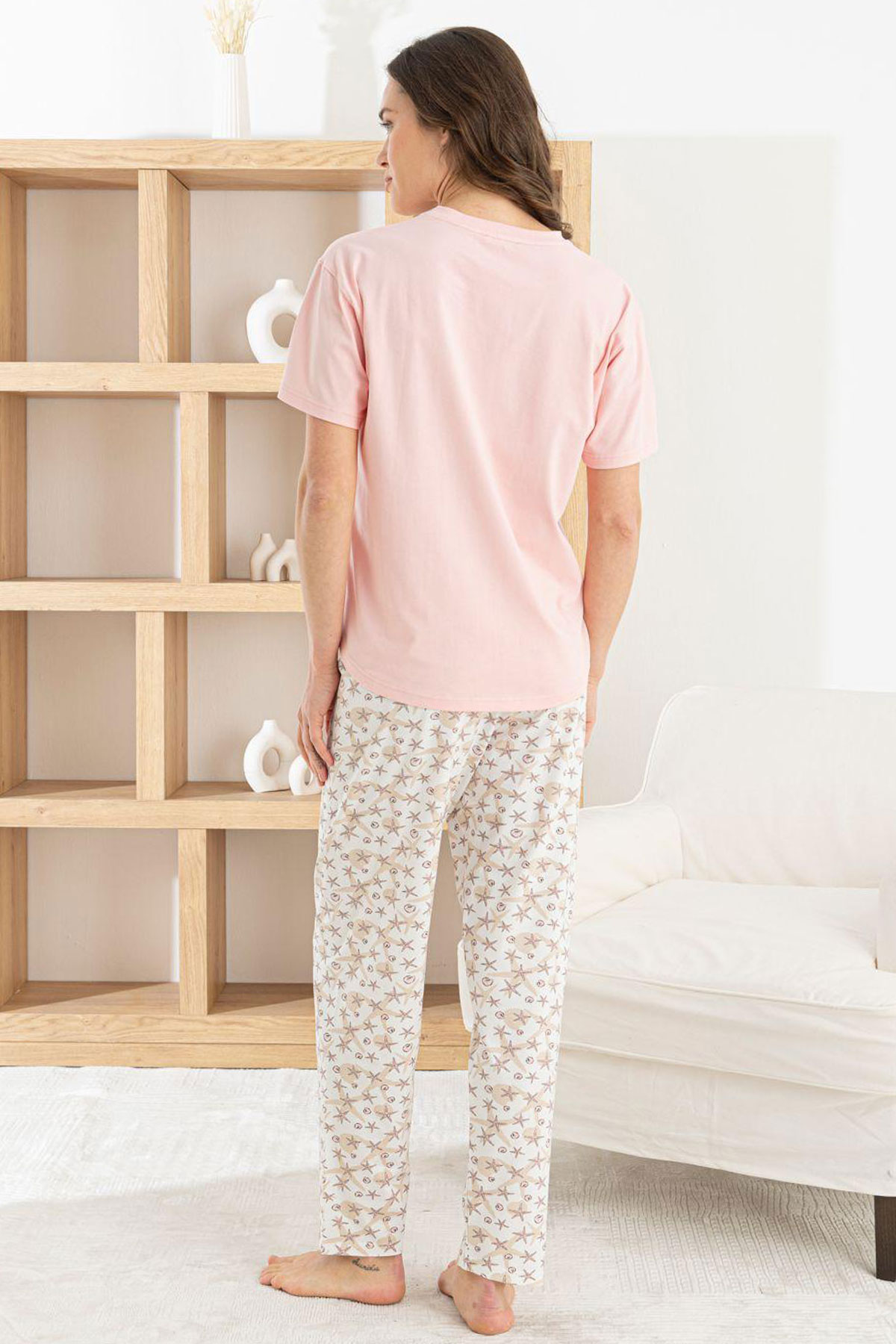 Pijamoni Kadın Pijama Takım Kısa Kollu Yuvarlak Yaka Deniz Yıldızı Desenli Likralı Pamuk - Pembe - Thumbnail