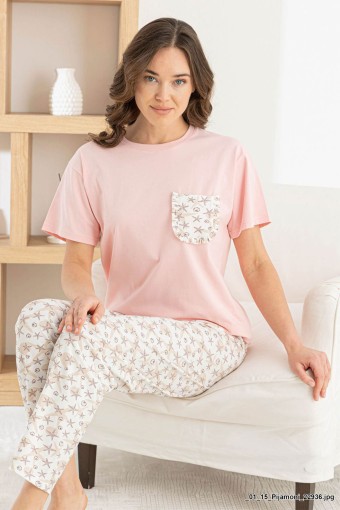 PİJAMONİ - Pijamoni Kadın Pijama Takım Kısa Kollu Yuvarlak Yaka Deniz Yıldızı Desenli Likralı Pamuk - Pembe