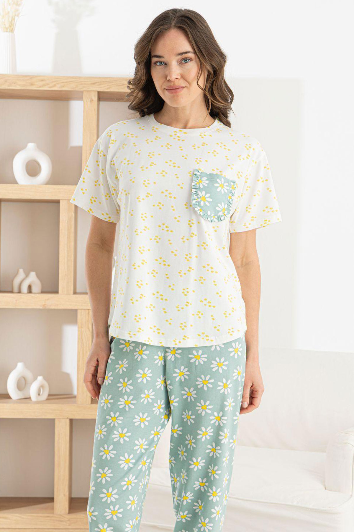 Pijamoni Kadın Pijama Takım Kısa Kollu Yuvarlak Yaka Desenli Likralı Pamuk - Krem - Thumbnail