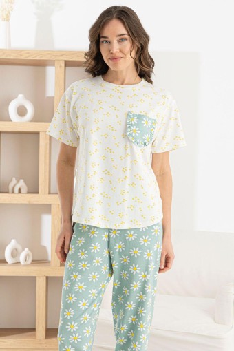 PİJAMONİ - Pijamoni Kadın Pijama Takım Kısa Kollu Yuvarlak Yaka Desenli Likralı Pamuk - Krem (1)
