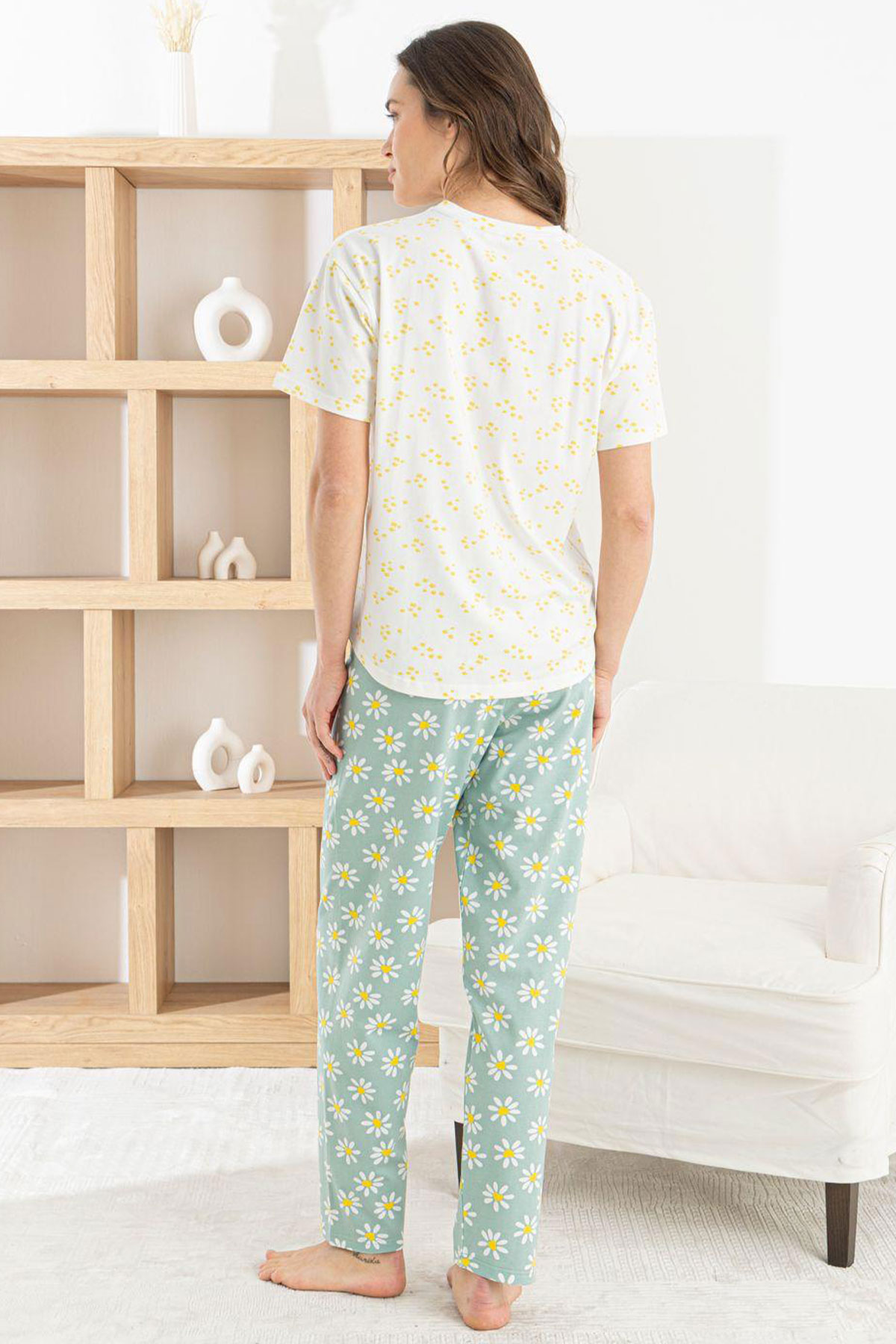 Pijamoni Kadın Pijama Takım Kısa Kollu Yuvarlak Yaka Desenli Likralı Pamuk - Krem - Thumbnail