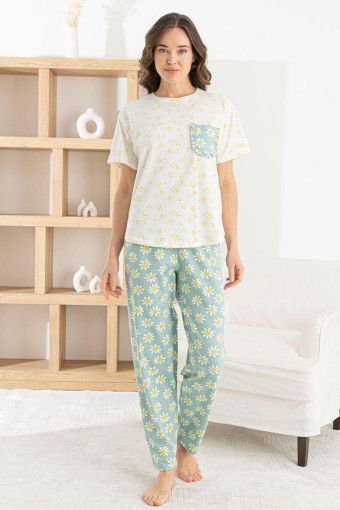 PİJAMONİ - Pijamoni Kadın Pijama Takım Kısa Kollu Yuvarlak Yaka Desenli Likralı Pamuk - Krem