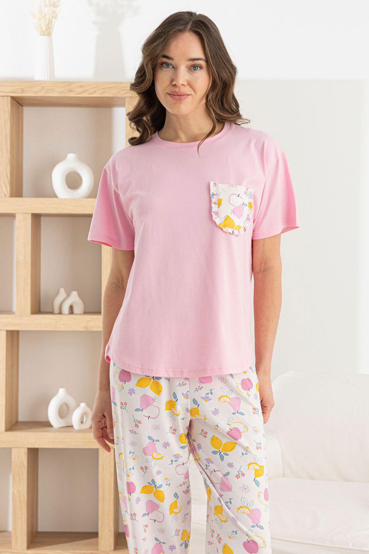 Pijamoni Kadın Pijama Takım Kısa Kollu Yuvarlak Yaka Desenli Likralı Pamuk - Pembe - Thumbnail