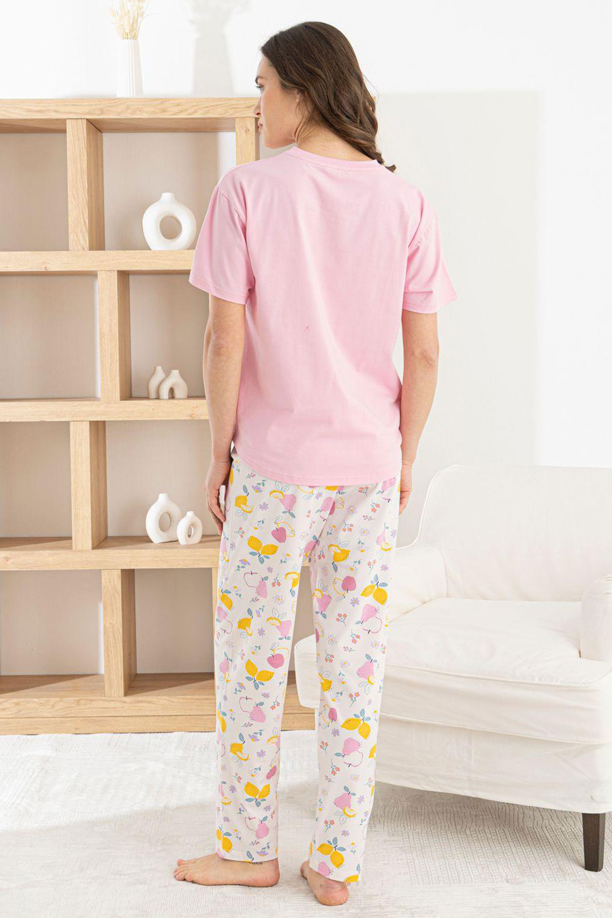 Pijamoni Kadın Pijama Takım Kısa Kollu Yuvarlak Yaka Desenli Likralı Pamuk - Pembe - Thumbnail