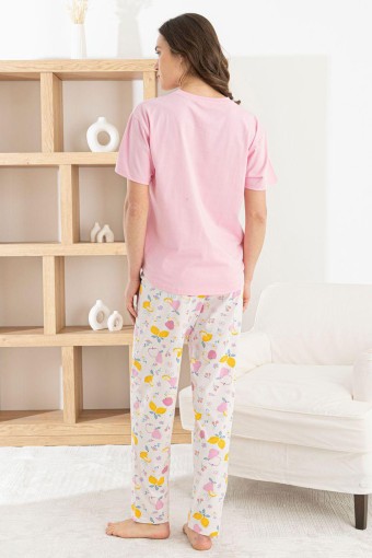 PİJAMONİ - Pijamoni Kadın Pijama Takım Kısa Kollu Yuvarlak Yaka Desenli Likralı Pamuk - Pembe (1)
