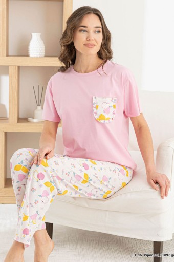 PİJAMONİ - Pijamoni Kadın Pijama Takım Kısa Kollu Yuvarlak Yaka Desenli Likralı Pamuk - Pembe