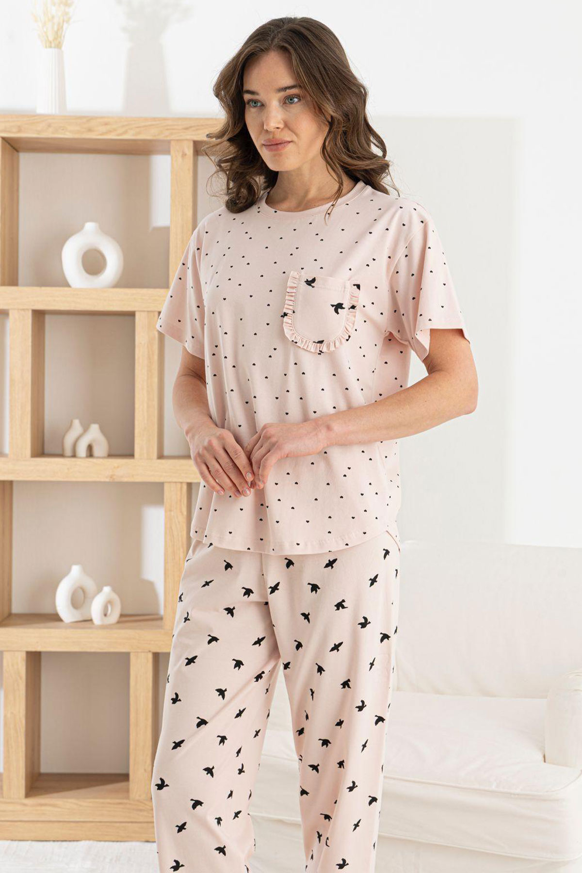 Pijamoni Kadın Pijama Takım Kısa Kollu Yuvarlak Yaka Desenli Likralı Pamuk - Pudra - Thumbnail
