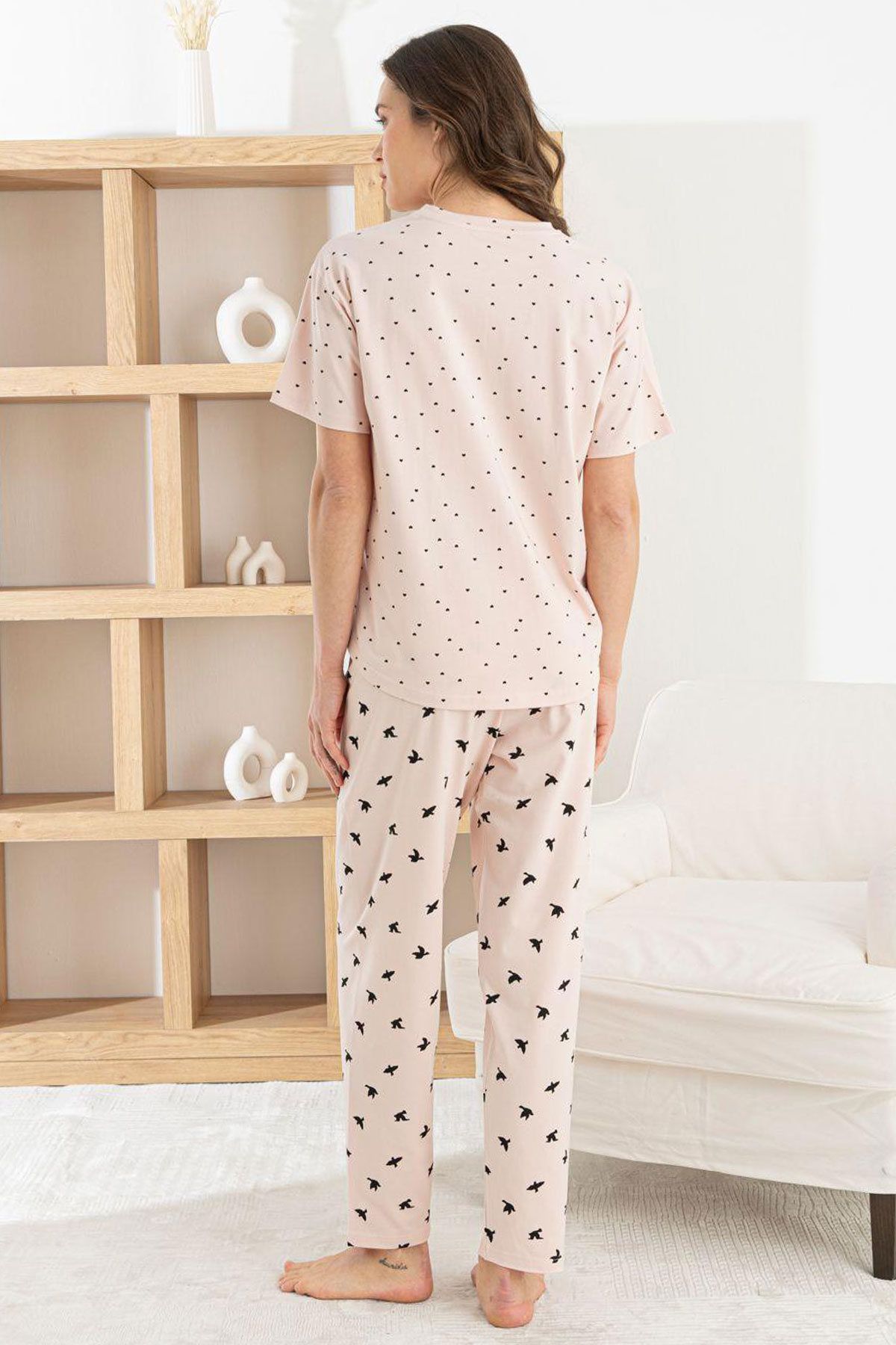 Pijamoni Kadın Pijama Takım Kısa Kollu Yuvarlak Yaka Desenli Likralı Pamuk - Pudra - Thumbnail