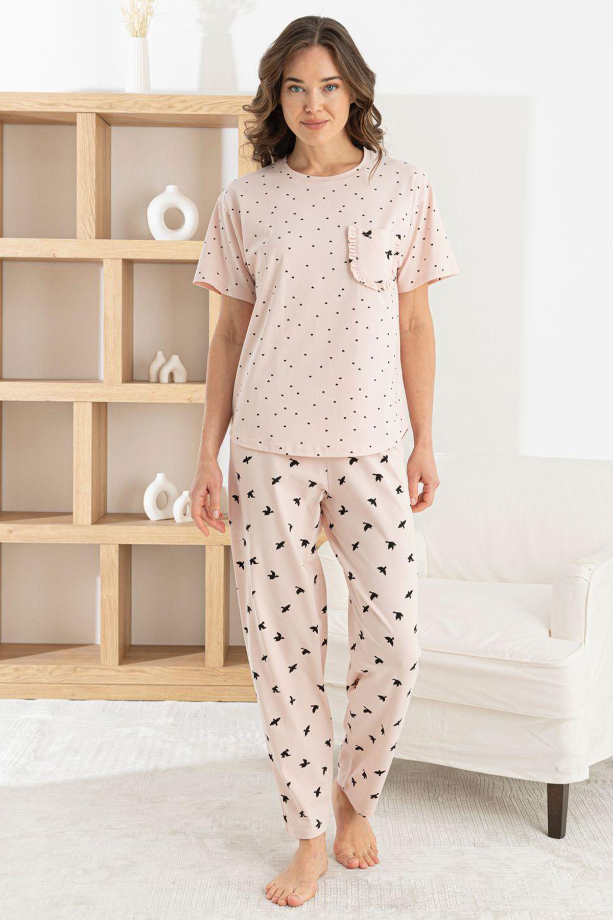 Pijamoni Kadın Pijama Takım Kısa Kollu Yuvarlak Yaka Desenli Likralı Pamuk - Pudra - Thumbnail