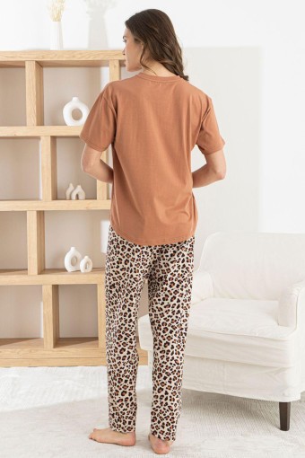 PİJAMONİ - Pijamoni Kadın Pijama Takım Kısa Kollu Yuvarlak Yaka Leopar Desenli Likralı Pamuk - Kahverengi (1)