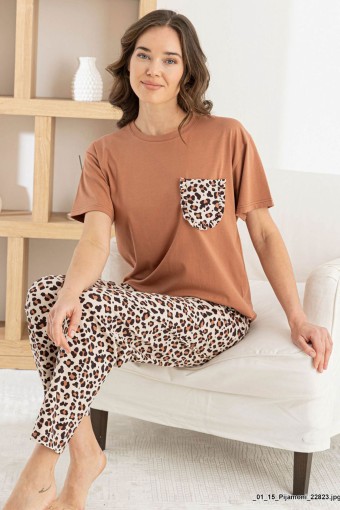 PİJAMONİ - Pijamoni Kadın Pijama Takım Kısa Kollu Yuvarlak Yaka Leopar Desenli Likralı Pamuk - Kahverengi