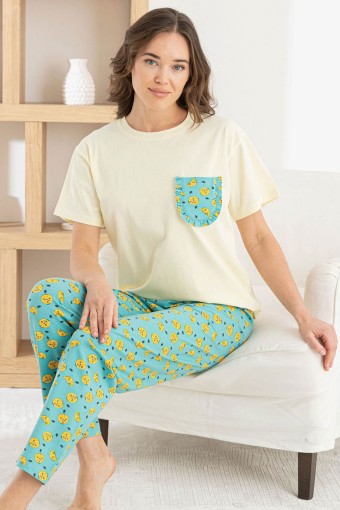 PİJAMONİ - Pijamoni Kadın Pijama Takım Kısa Kollu Yuvarlak Yaka Limon Desenli Likralı Pamuk - Sarı