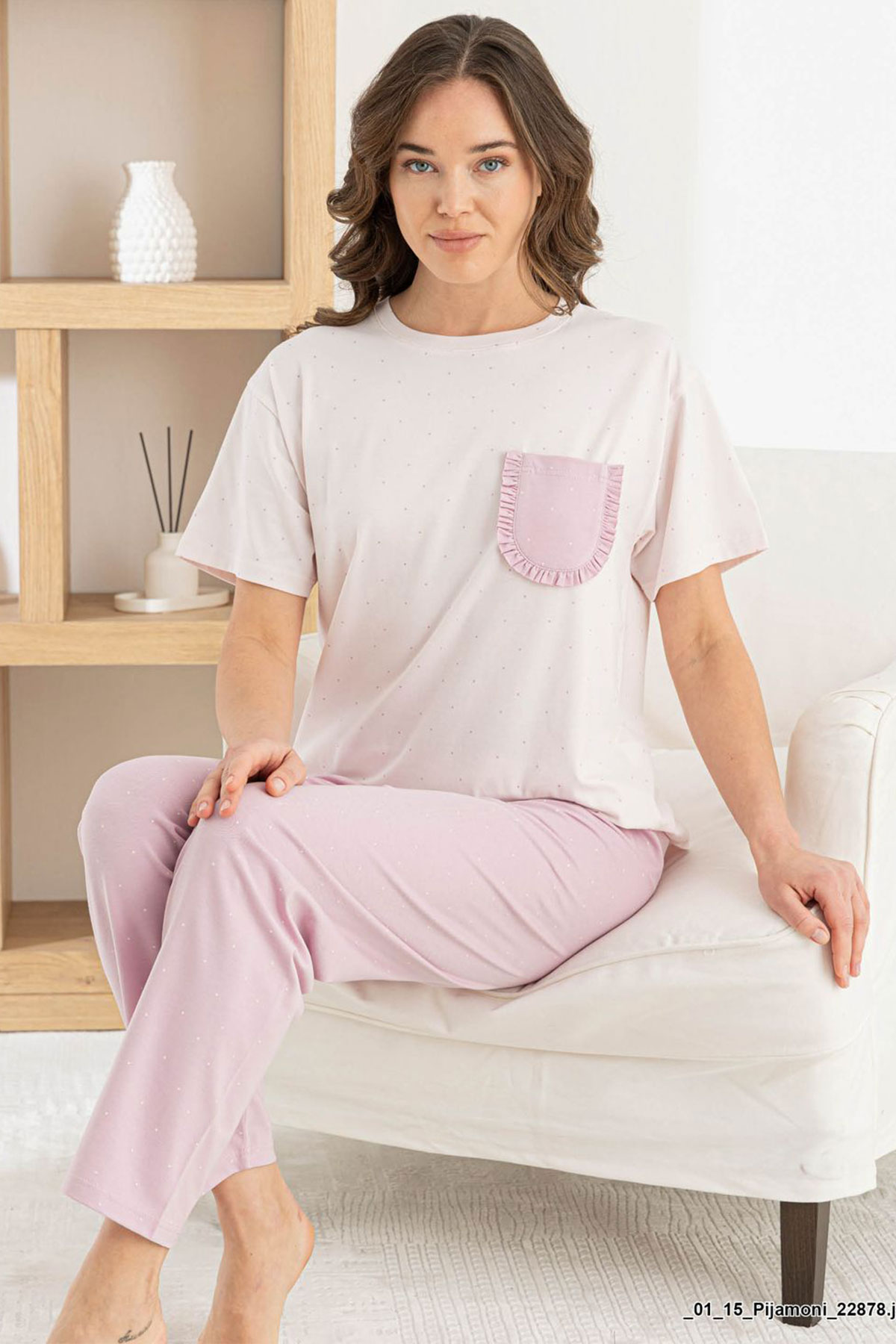 Pijamoni Kadın Pijama Takım Kısa Kollu Yuvarlak Yaka Puantiyeli Likralı Pamuk - Toz Pembe - Thumbnail