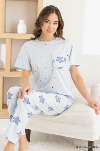 PİJAMONİ - Pijamoni Kadın Pijama Takım Kısa Kollu Yuvarlak Yaka Yıldız Desenli Likralı Pamuk - Lila