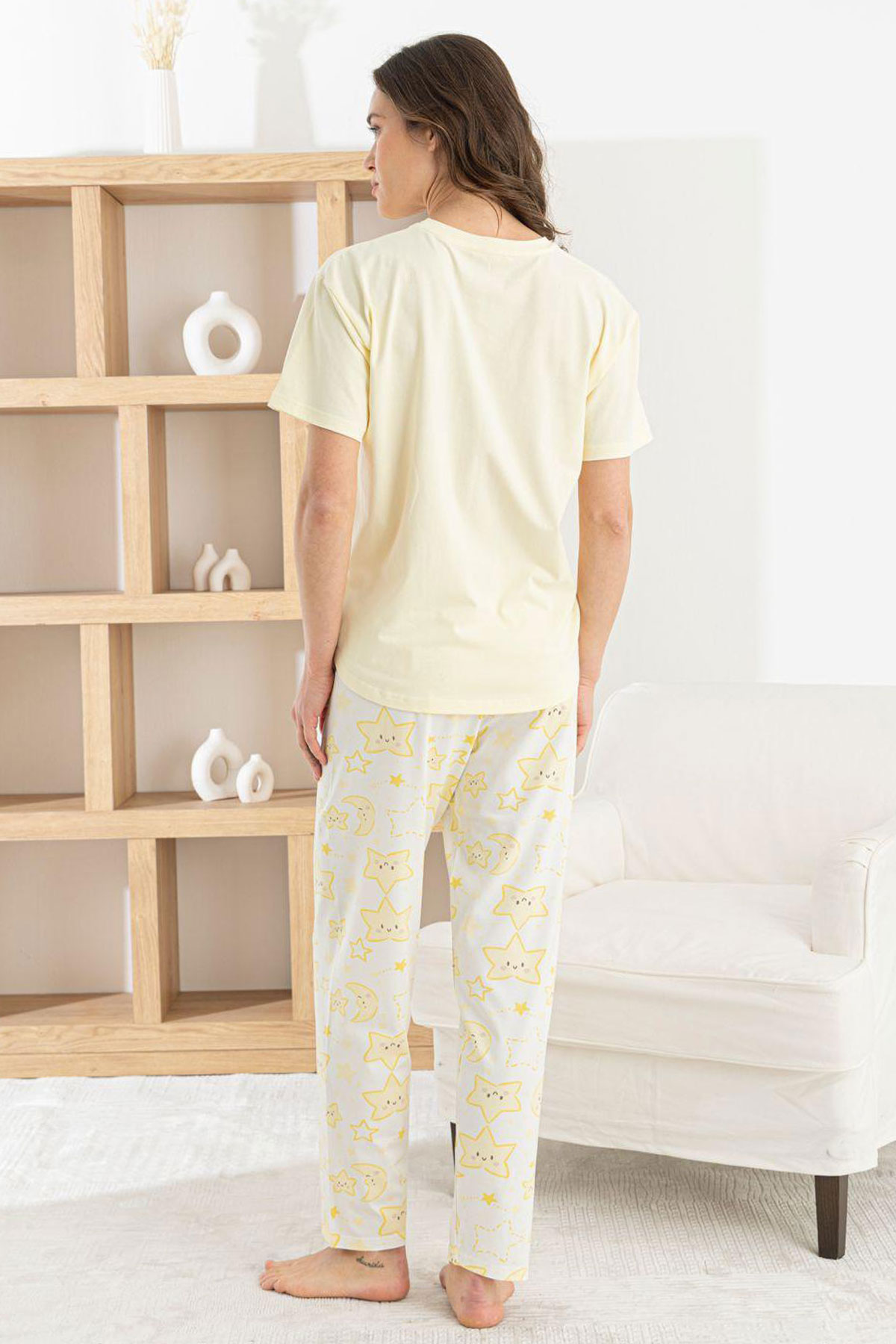 Pijamoni Kadın Pijama Takım Kısa Kollu Yuvarlak Yaka Yıldız Desenli Likralı Pamuk - Sarı - Thumbnail