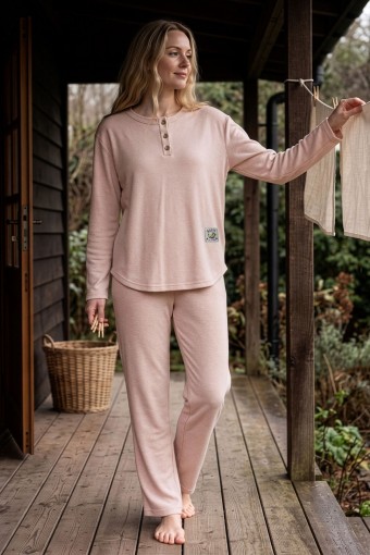 PİJAMONİ - Pijamoni Kadın Pijama Takımı Bisiklet Yaka 3 Düğme Uzun Kollu Selanik - Açık Pudra Melanj