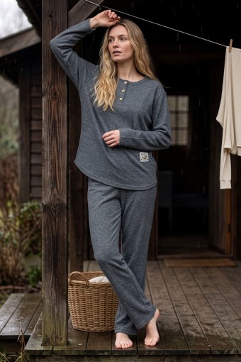 PİJAMONİ - Pijamoni Kadın Pijama Takımı Bisiklet Yaka 3 Düğme Uzun Kollu Selanik - Lacivert Melanj
