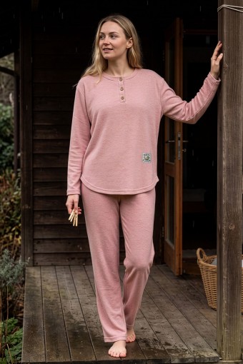PİJAMONİ - Pijamoni Kadın Pijama Takımı Bisiklet Yaka 3 Düğme Uzun Kollu Selanik - Pudra Melanj