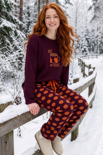 PİJAMONİ - Pijamoni Kadın Pijama Takımı Bisiklet Yaka Uzun Kollu Waffle - Bordo