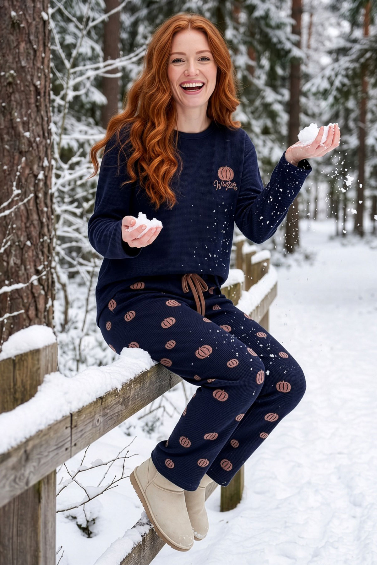 Pijamoni Kadın Pijama Takımı Bisiklet Yaka Uzun Kollu Waffle - Lacivert - Thumbnail
