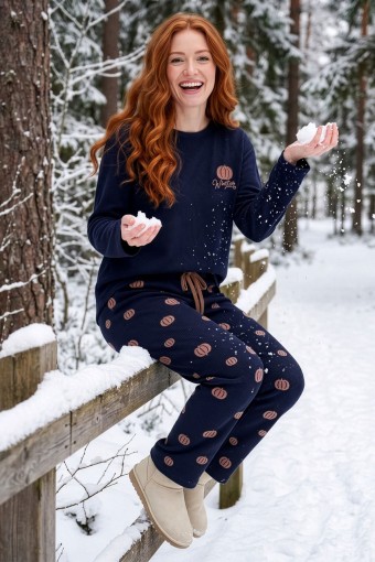 PİJAMONİ - Pijamoni Kadın Pijama Takımı Bisiklet Yaka Uzun Kollu Waffle - Lacivert