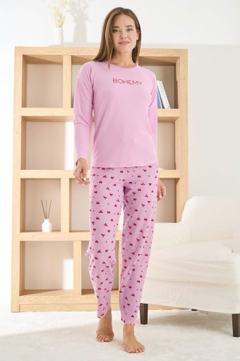 PİJAMONİ - Pijamoni Kadın Pijama Takımı Bisiklet Yaka Uzun Kollu Waffle - Pembe