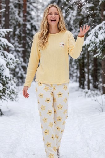 PİJAMONİ - Pijamoni Kadın Pijama Takımı Bisiklet Yaka Uzun Kollu Waffle - Sarı