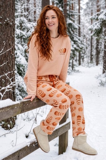 PİJAMONİ - Pijamoni Kadın Pijama Takımı Bisiklet Yaka Uzun Kollu Waffle - Somon