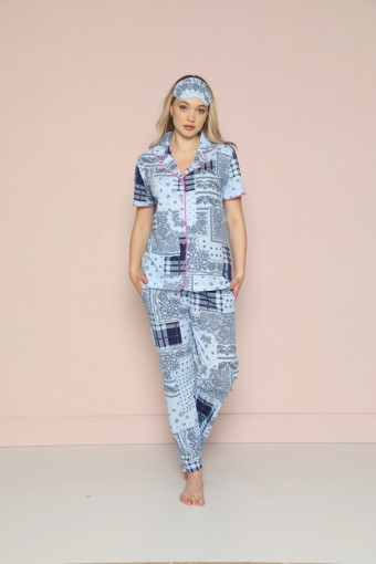 PİJAMONİ - Pijamoni Kadın Pijama Takımı Boydan Düğmeli Desenli - Gri Süprem Kumaş - Gri (1)