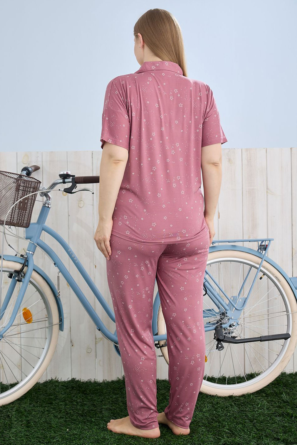 Pijamoni Kadın Pijama Takımı Büyük Beden Gömlek Yaka Kısa Kollu Milan Kumaş Desenli - Gülkurusu - Thumbnail