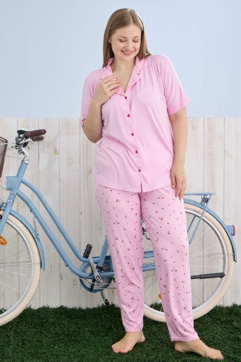 PİJAMONİ - Pijamoni Kadın Pijama Takımı Büyük Beden Gömlek Yaka Kısa Kollu Milan Kumaş Desenli - Pembe