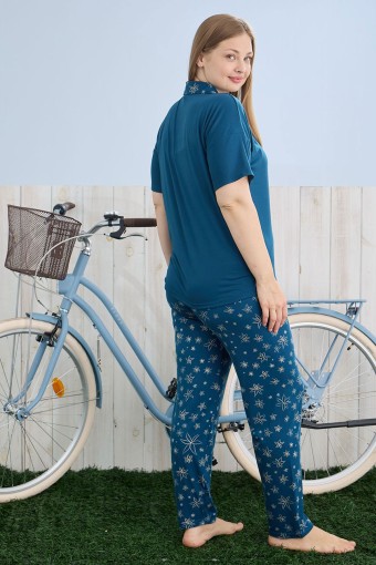 PİJAMONİ - Pijamoni Kadın Pijama Takımı Büyük Beden Gömlek Yaka Kısa Kollu Milan Kumaş Desenli - Petrol Mavisi (1)