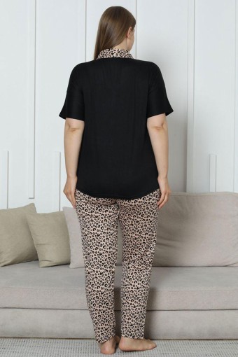 PİJAMONİ - Pijamoni Kadın Pijama Takımı Büyük Beden Gömlek Yaka Kısa Kollu Milan Kumaş Desenli - Siyah (1)
