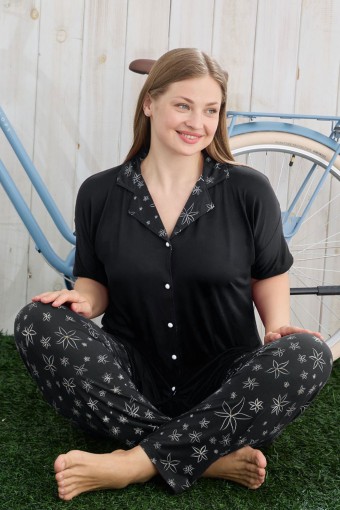 PİJAMONİ - Pijamoni Kadın Pijama Takımı Büyük Beden Gömlek Yaka Kısa Kollu Milan Kumaş Desenli - Siyah