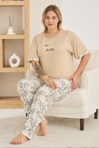 PİJAMONİ - Pijamoni Kadın Pijama Takımı Büyük Beden Kısa Kollu Bisiklet Yaka Milan Desenli - Bej