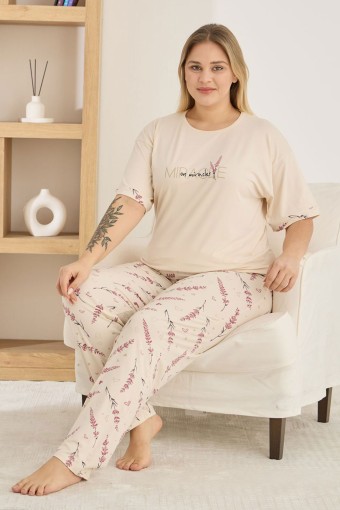 PİJAMONİ - Pijamoni Kadın Pijama Takımı Büyük Beden Kısa Kollu Bisiklet Yaka Milan Desenli - Bej
