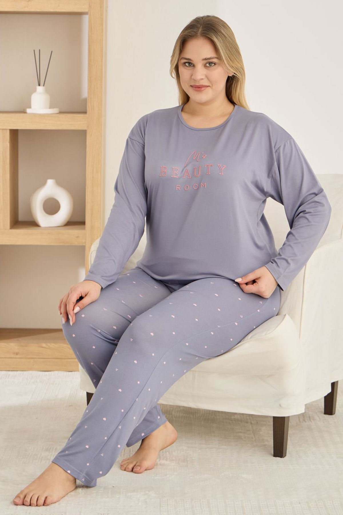 Pijamoni Kadın Pijama Takımı Büyük Beden Uzun Kollu Bisiklet Yaka Milan Desenli - Füme - Thumbnail